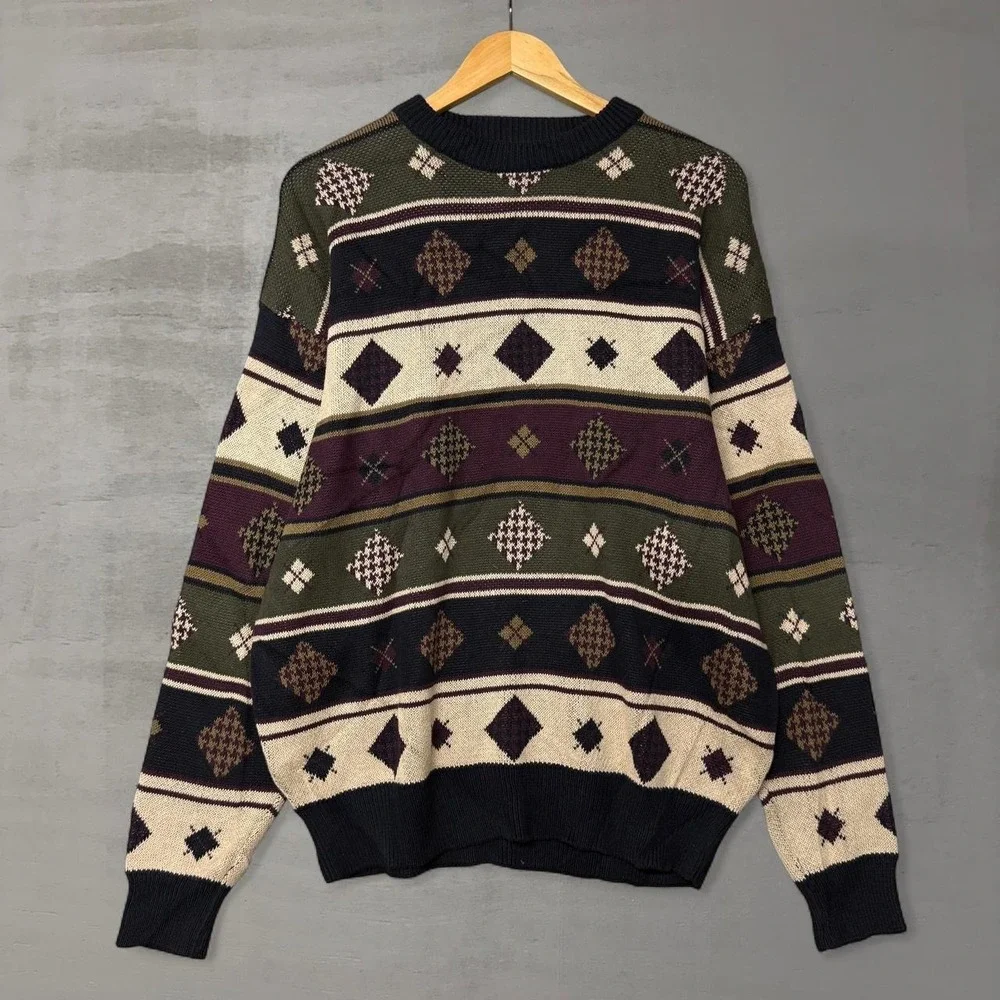 Woods & Gray Sweater Multi-Color Geometric Argyle Knit Retro Cotton Mens Large